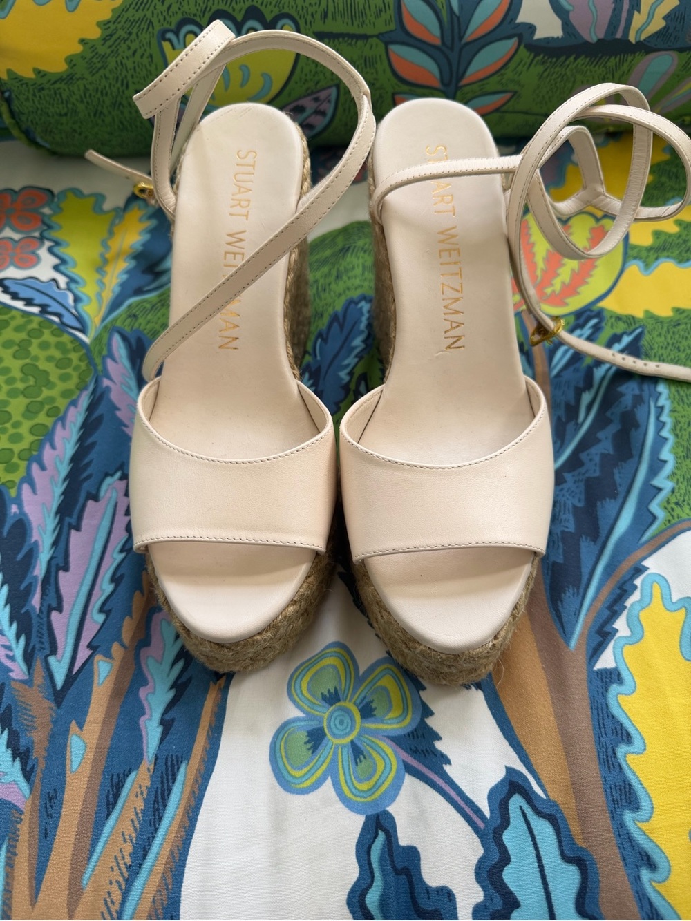Stuart Weitzman Cream Espadrille Platform Wedges with Ankle Straps - Picture 2 of 8
